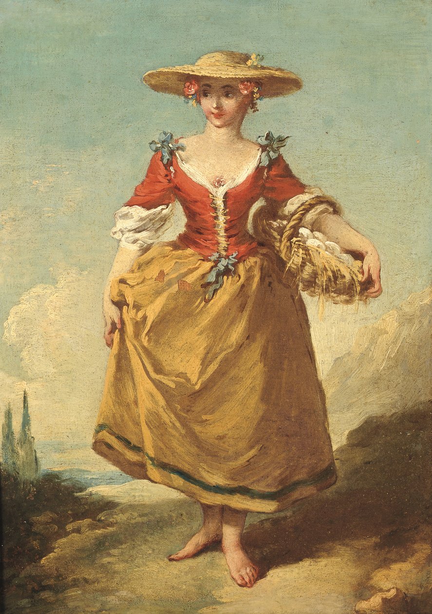 Talonpoikatyttö maisemassa kantamassa munakoria (öljy kankaalle) tekijältä François Boucher