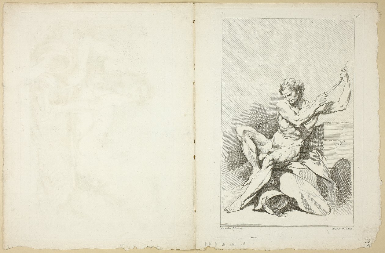Akateeminen alastonkuva (recto ja verso), toisesta akateemisten hahmojen kirjasta, osittain Royal Academyn professorien kaivertama tekijältä François Boucher