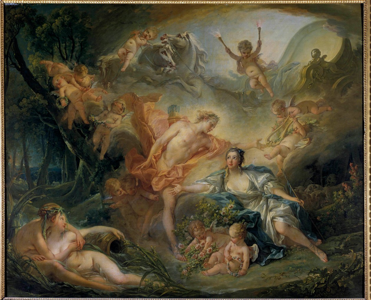 Apollo paljastaa jumaluutensa paimenelle Is La bergere rakastaa Philemonia, joka on todellisuudessa Apollo-jumala. François Boucherin (1703-1770) maalaus 1750 Su. 1,29 x 1,57 m Tours, Musee des Beaux Arts tekijältä François Boucher