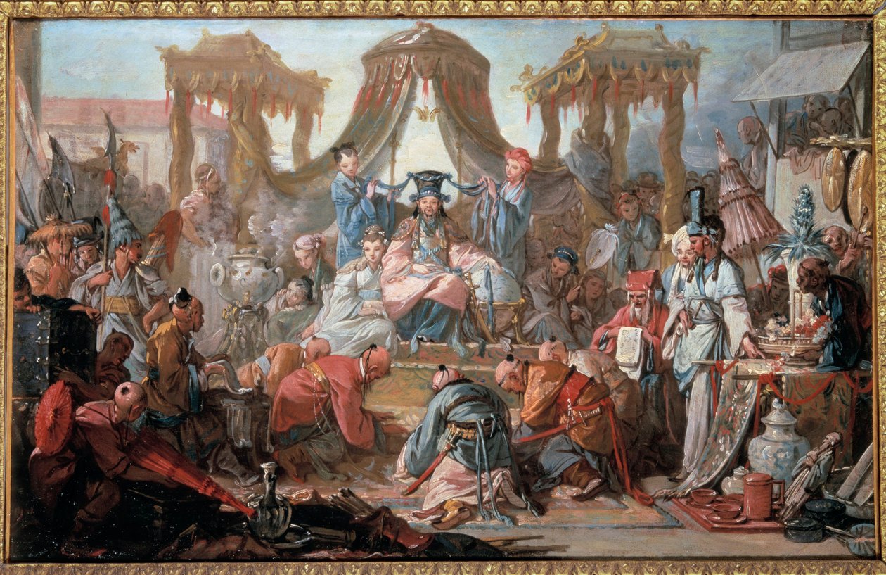 Kiinan keisarin yleisö Kohteet kumartuvat keisarin edessä. Francois Boucherin maalaus tekijältä François Boucher