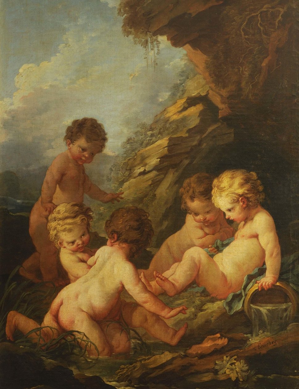 Boucher - Viisi alastonta lasta leikkimässä kivisen altaan äärellä, 1730-1735 tekijältä François Boucher