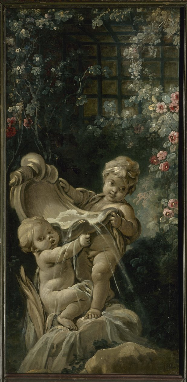 Boucher - Suihkulähde, jossa on kaksi rakastavaista, toinen polvistuu, Vuosien 1765 ja 1770 välisenä aikana. tekijältä François Boucher