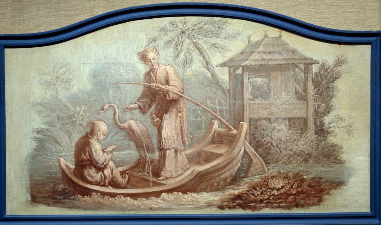 Chinoiserie: Kalastuskohtaus Kiinassa. Front de porte -piirrokset, Francois Boucher (1703-1770) tekijältä François Boucher