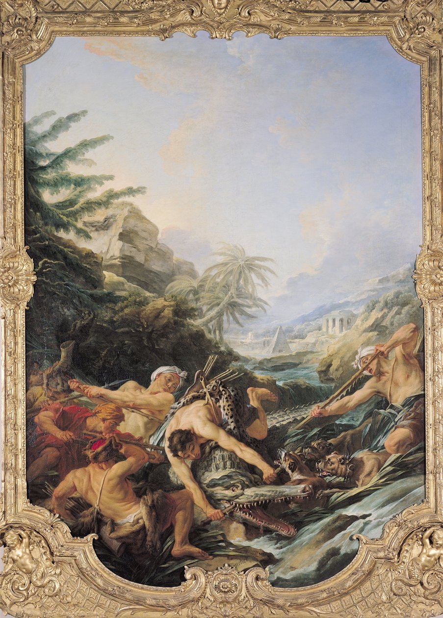 Krokotiilin metsästys (öljy kankaalle) tekijältä François Boucher