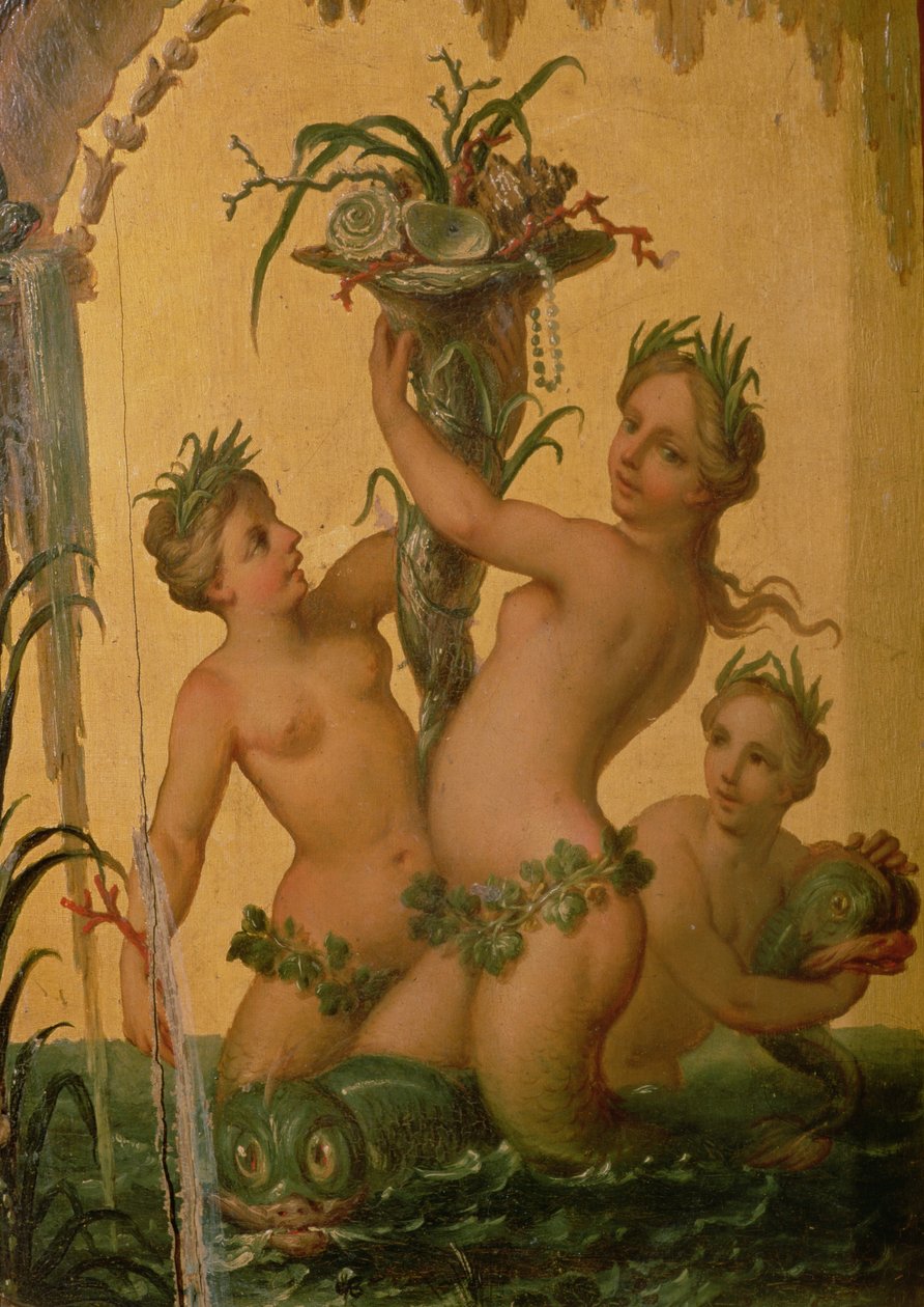Yksityiskohta sireeneistä, joilla on ruiskaunokki, Pietari Suuren valtiovaunusta, noin 1724. tekijältä François Boucher