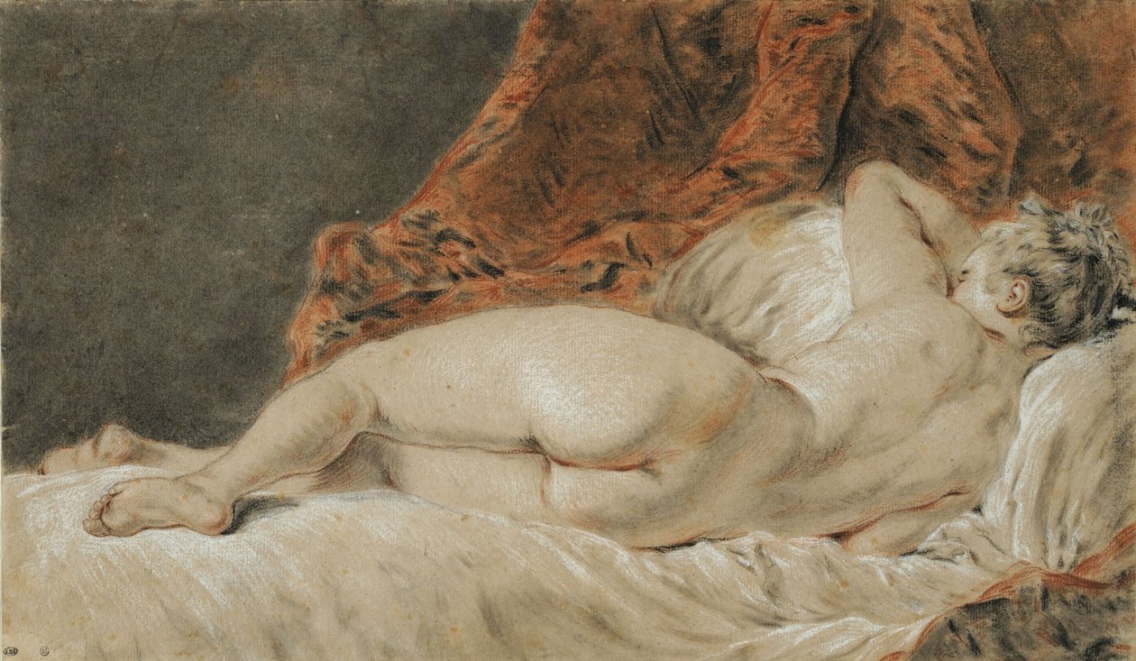 Makaava nainen selästä katsottuna, nimeltään Sleep, n. 1720. tekijältä François Boucher
