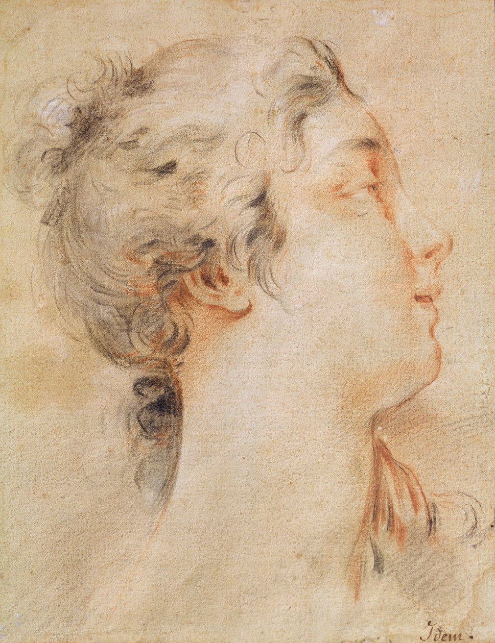 Oikealle kääntyneen naisen pää (musta lyijykynä ja sanguine) tekijältä François Boucher