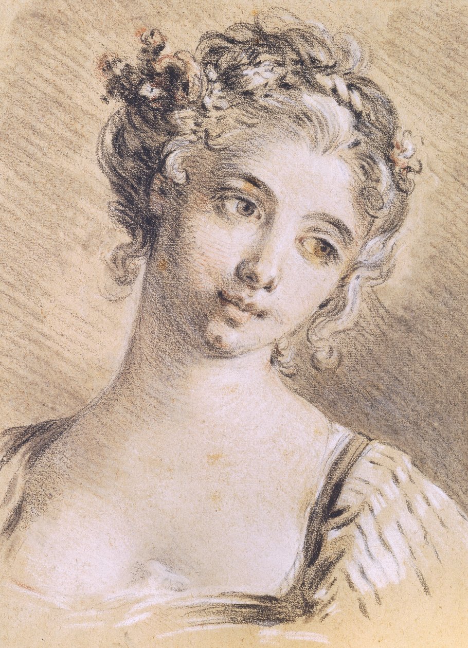 Nuoren tytön pää (hiili ja valkoinen liitu paperille) tekijältä François Boucher