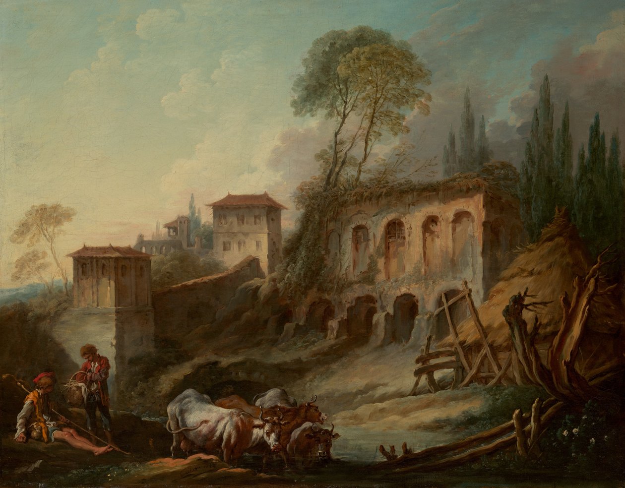 Kuvitteellinen maisema Palatinuksen kukkulalla Campo Vaccinosta, 1734. tekijältä François Boucher