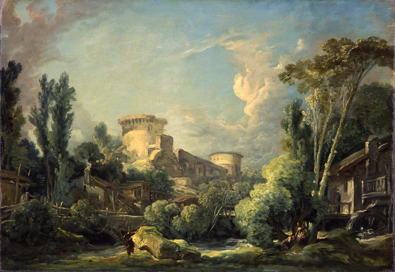 Maisema, jossa on linna ja mylly, noin 1765 tekijältä François Boucher