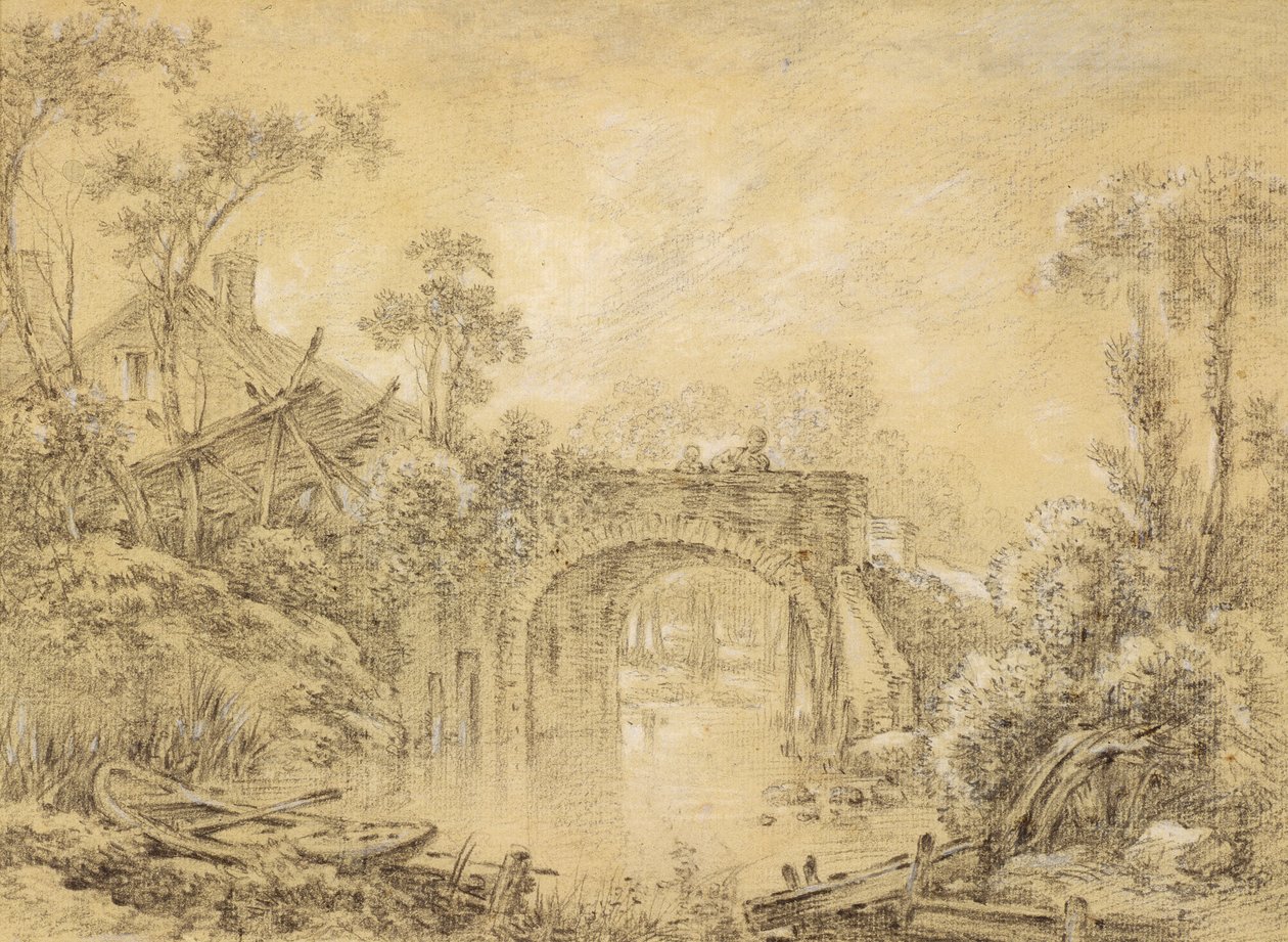 Maisema maalaismaisella sillalla, n. 1740 (musta liitu korotettu valkoisella kermanvärisellä paperilla) tekijältä François Boucher