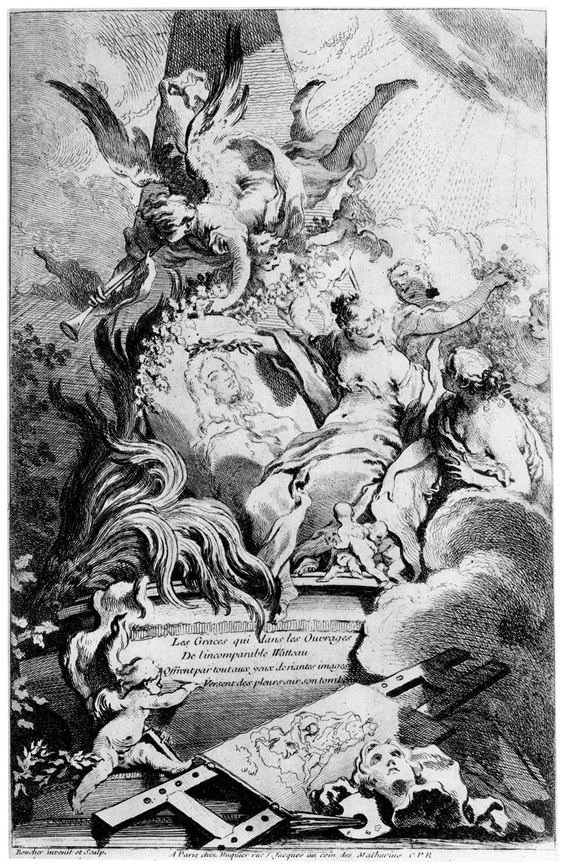 The Graces at the Tomb of Watteau, n. 1720-1770 1924 tekijältä François Boucher