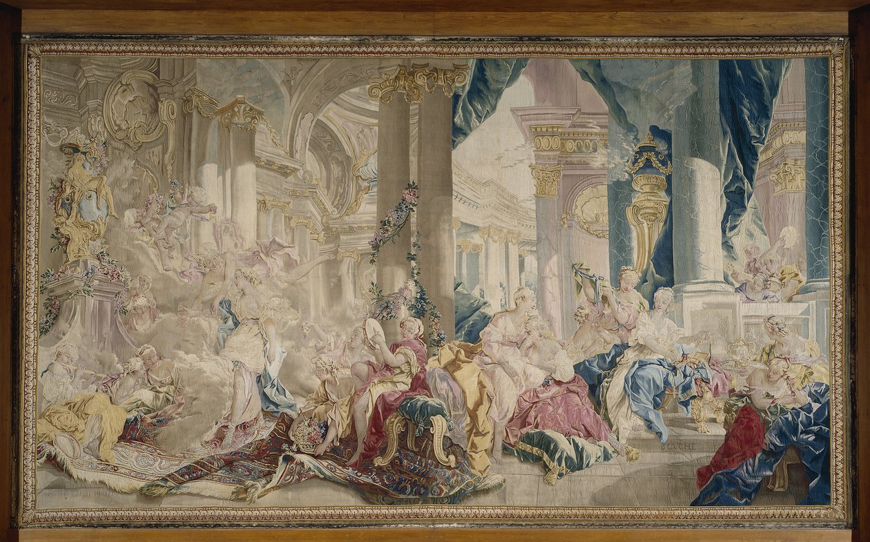 Manufacture de Beauvais - Psyche johdattaa Zephyrin rakkauden palatsiin ja Psyche esittelee rikkauttaan sisarilleen, 1741 jälkeen. tekijältä François Boucher