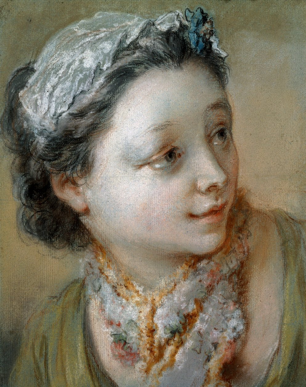 Nuoren tytön muotokuva, rinnan mittainen, hänen päänsä käännettynä oikealle, tekijältä François Boucher