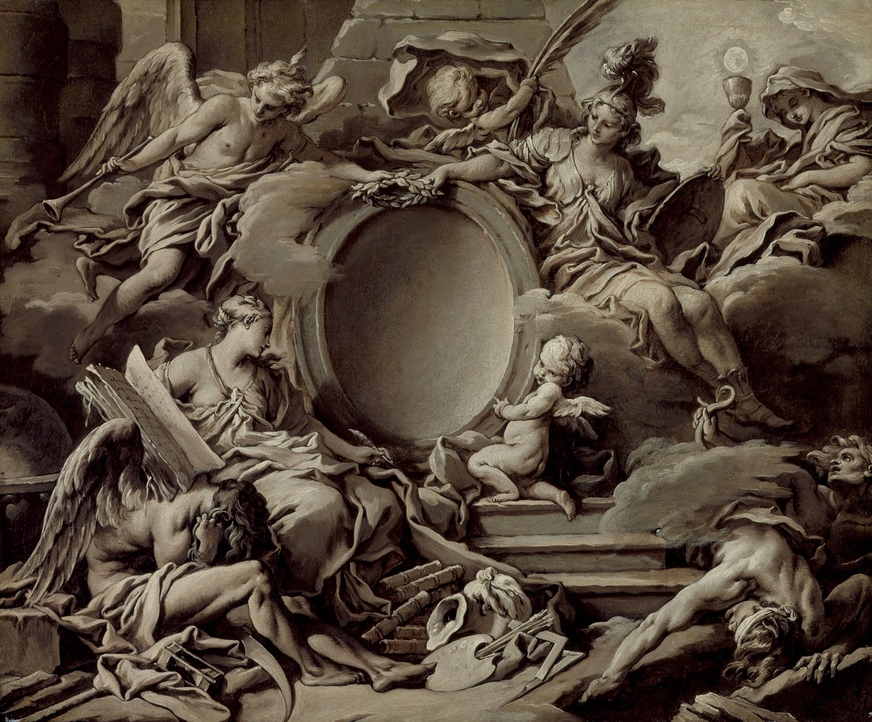 Cartouche-projekti: Minervan allegoria, maine, historia ja usko tietämättömyyden ja ajan voittamiseksi, n. 1727 tekijältä François Boucher