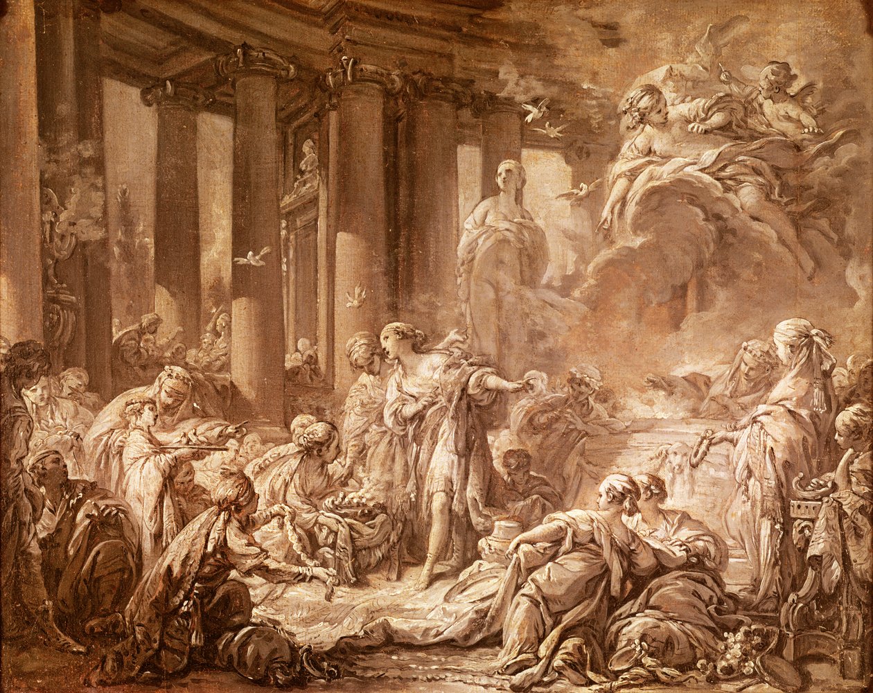 Psyche Receiving the Divine Honors (valmistelututkimus), n. 1740 (öljymaalaus kankaalle kiinnitetylle paperille) tekijältä François Boucher
