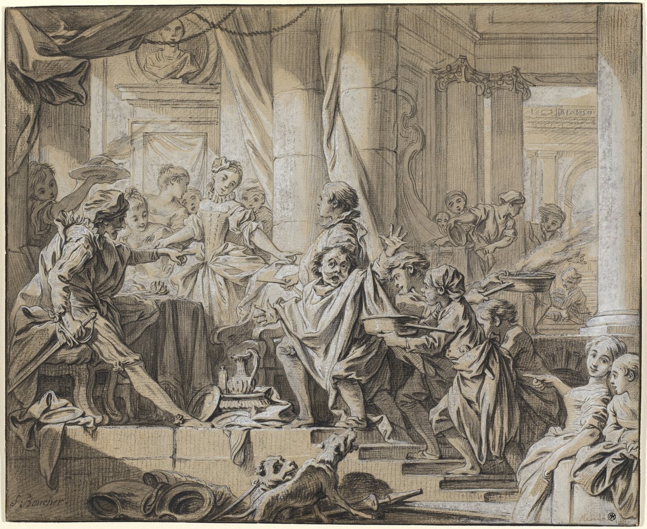 Sancho pakenee herttuan palvelijoita tekijältä François Boucher