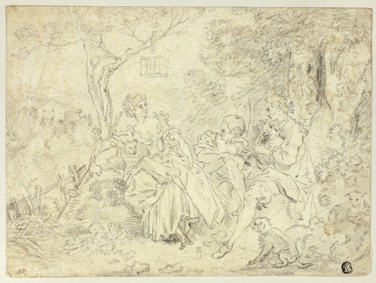 Paimentolaisnaiset ja nuori mies soittaa säkkipilliä tekijältä François Boucher