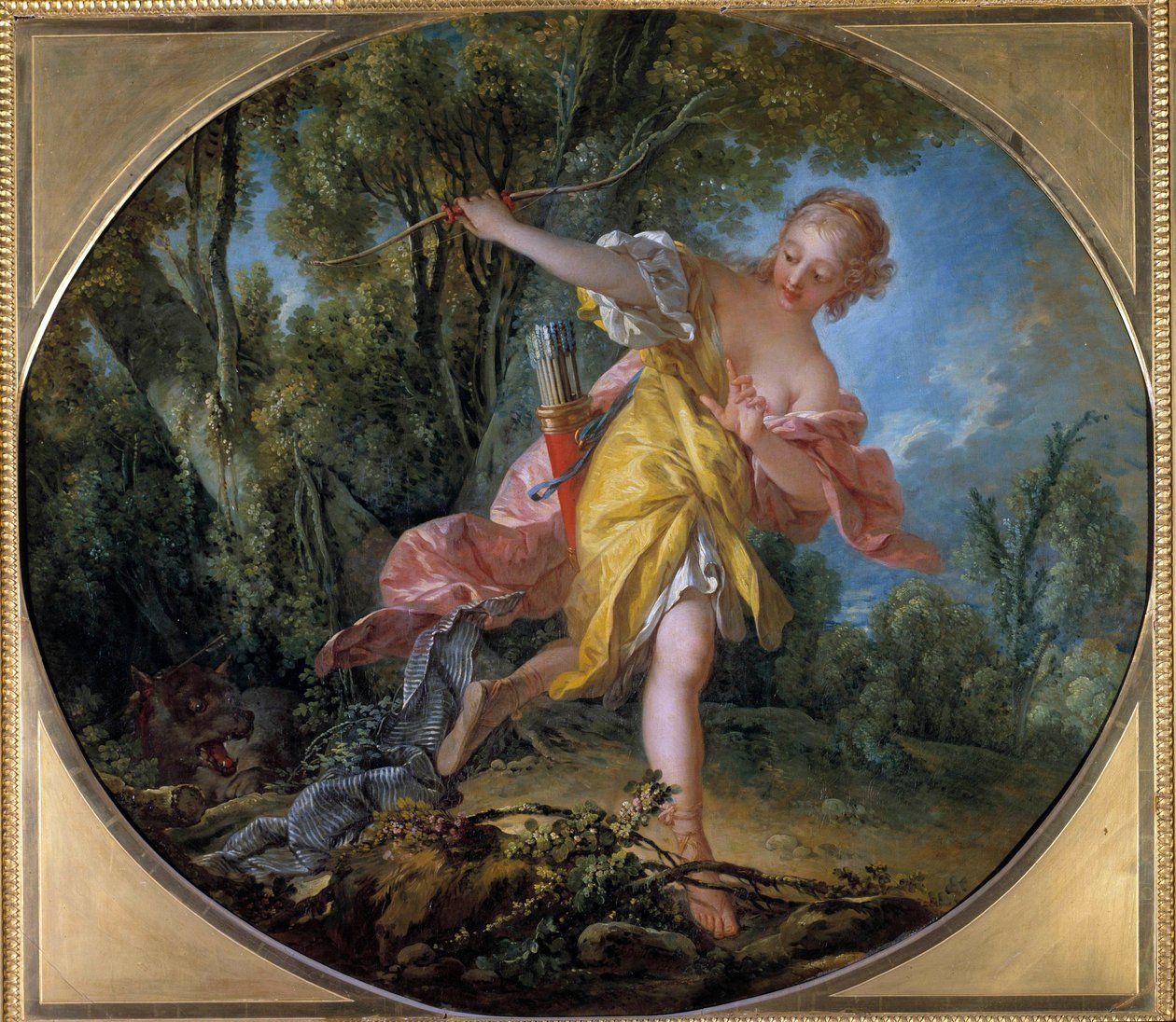 Sylvie pakenee sutta, jota hän metsästi. François Boucherin (1703-1770) maalaus 1756. Dim. 1,20 x 1,36 m Tours, Musee des Beaux Arts tekijältä François Boucher