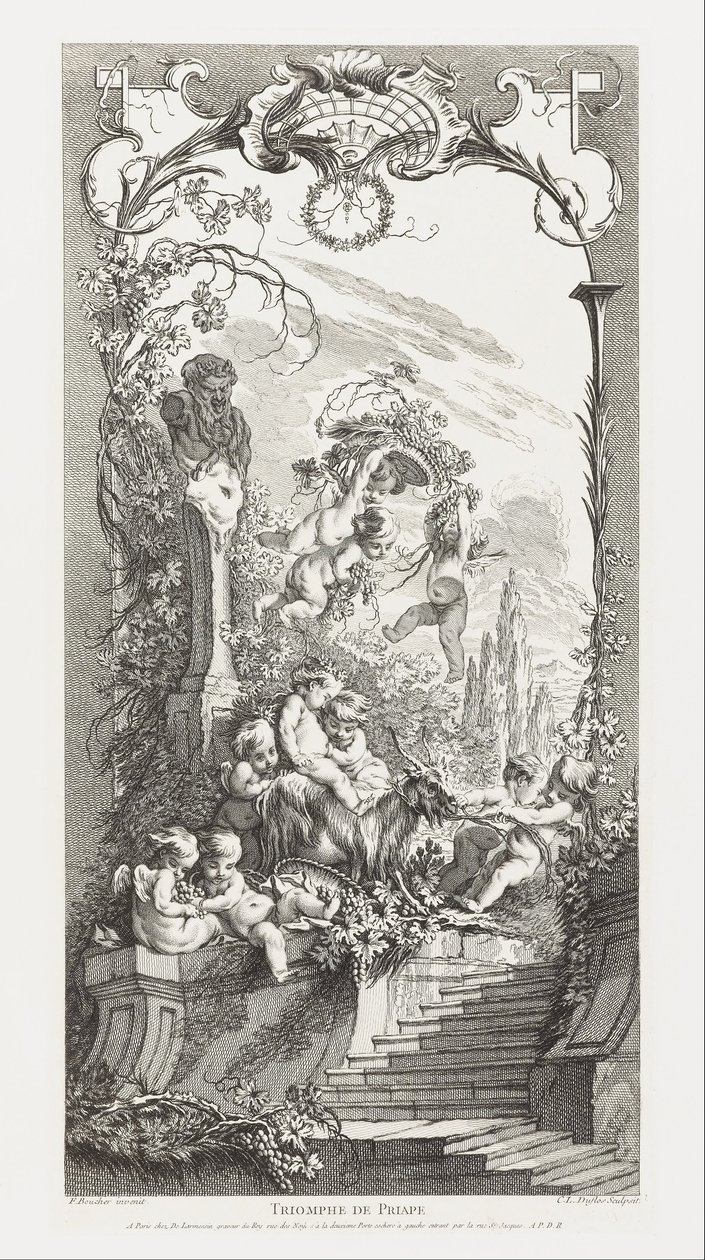 Triomphe de Priape [Priapuksen riemuvoitto] teoksessa Nouveaux Morceaux pour des Paravents [Uusia konsepteja näytöille]. tekijältä François Boucher