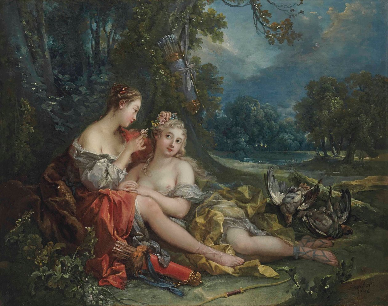 Kaksi Dianan nymfiä lepää metsästyksestä palattuaan tekijältä François Boucher