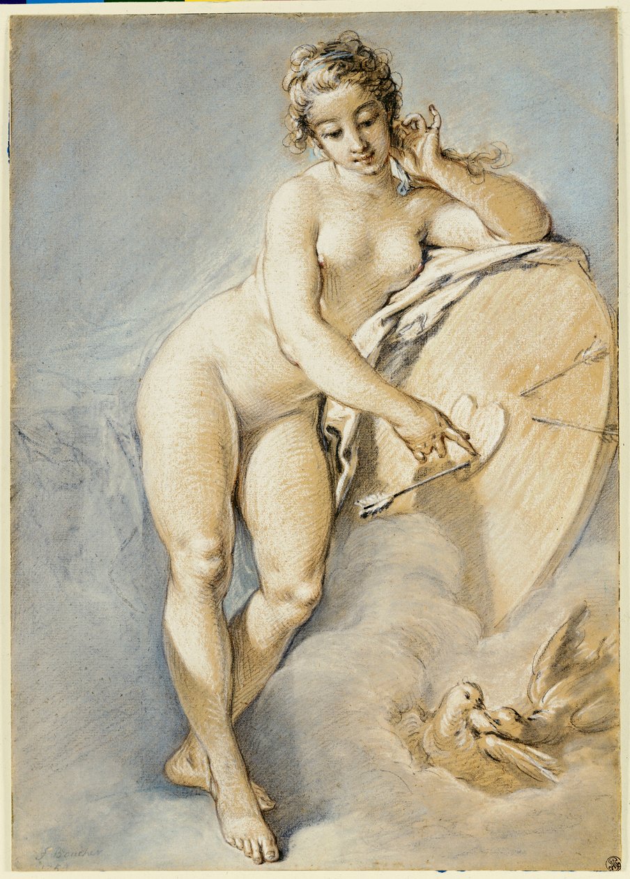 Venus seisomassa, elehtien sydäntä kohti kohteen kanssa, jossa on kaksi kyyhkystä, 1754 tekijältä François Boucher