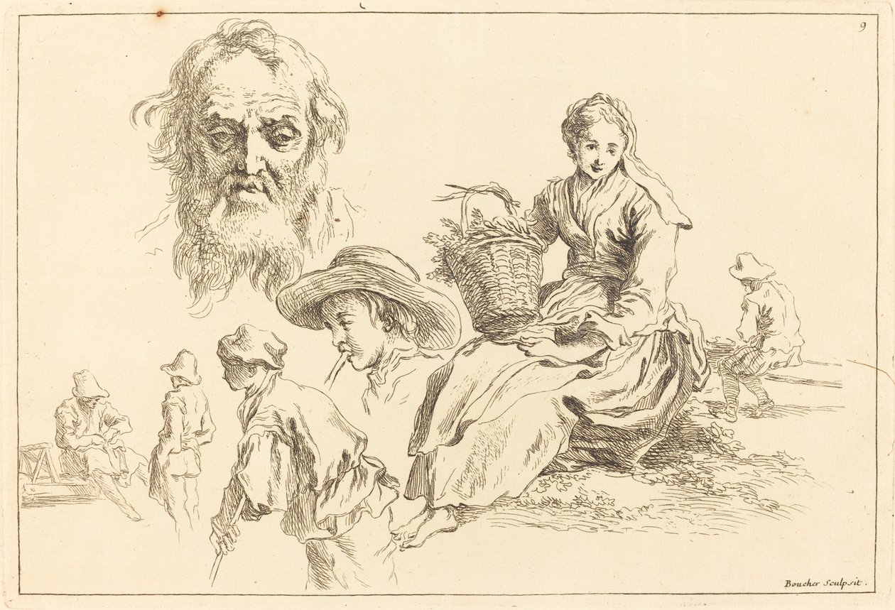 Figuuritutkimukset, mukaan lukien vanhan miehen parrakasvot tekijältä François Boucher after Abraham Bloemaert