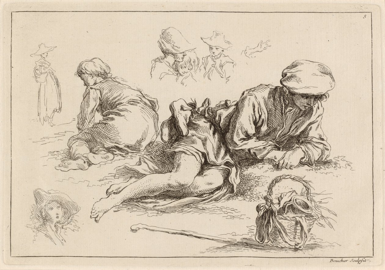 Figuuritutkimukset, mukaan lukien reclining Boy tekijältä François Boucher after Abraham Bloemaert