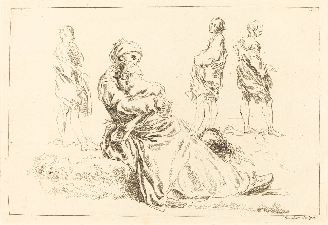 Figuuritutkimukset, mukaan lukien istuva äiti ja lapsi tekijältä François Boucher after Abraham Bloemaert