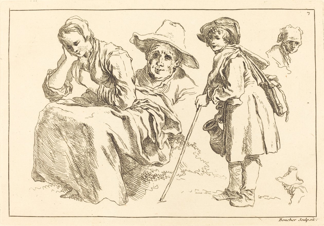 Figuuritutkimukset, mukaan lukien seisova poika pitelemässä kannua tekijältä François Boucher after Abraham Bloemaert