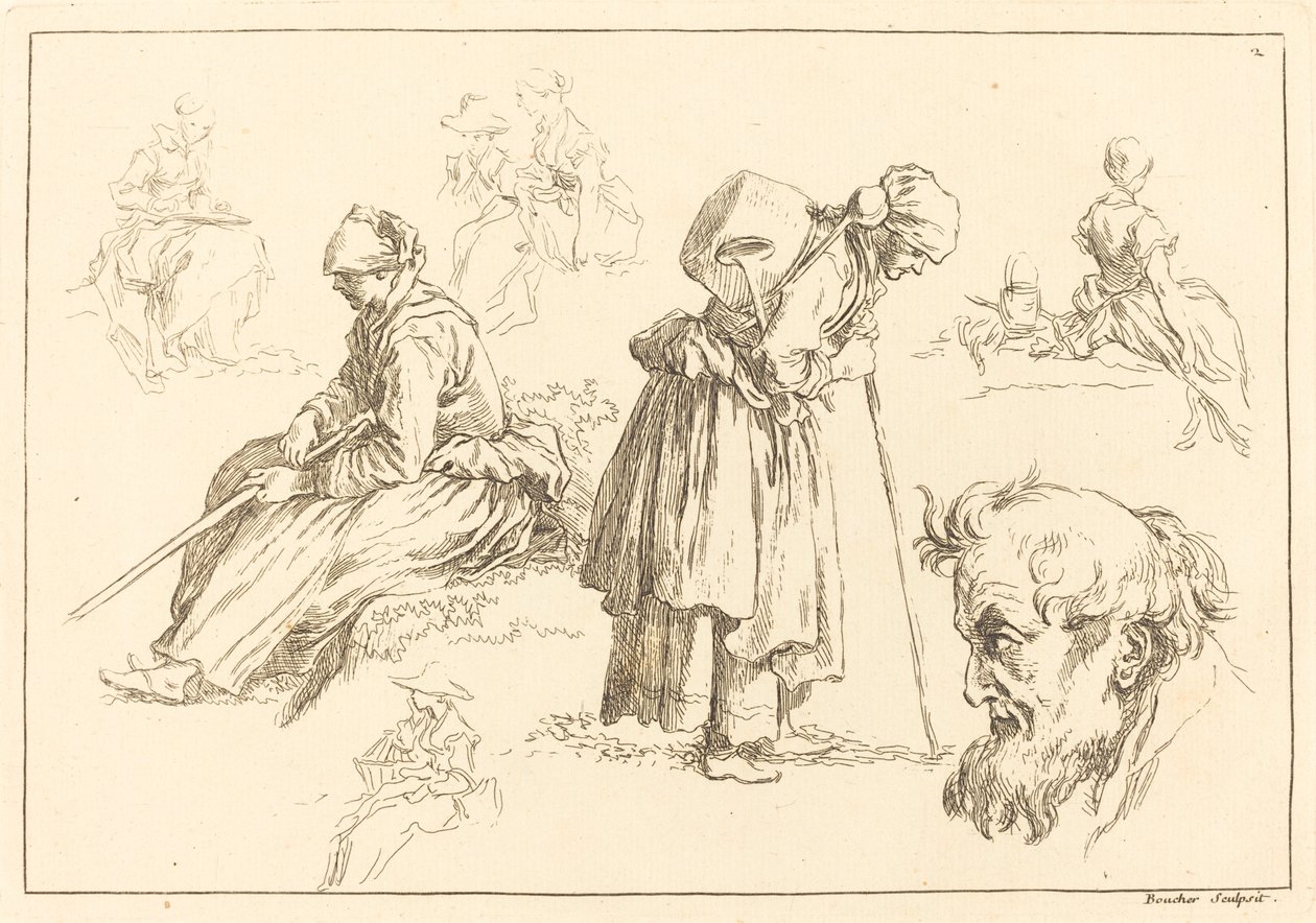 Figuuritutkimukset, mukaan lukien nainen vedenkeittimen kanssa tekijältä François Boucher after Abraham Bloemaert