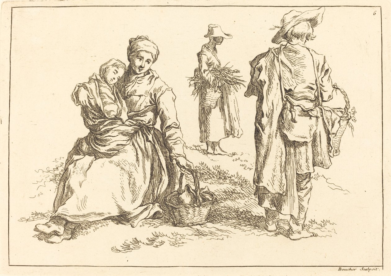 Istuvat äiti ja lapsi, kaksi seisovaa talonpoikaa tekijältä François Boucher after Abraham Bloemaert