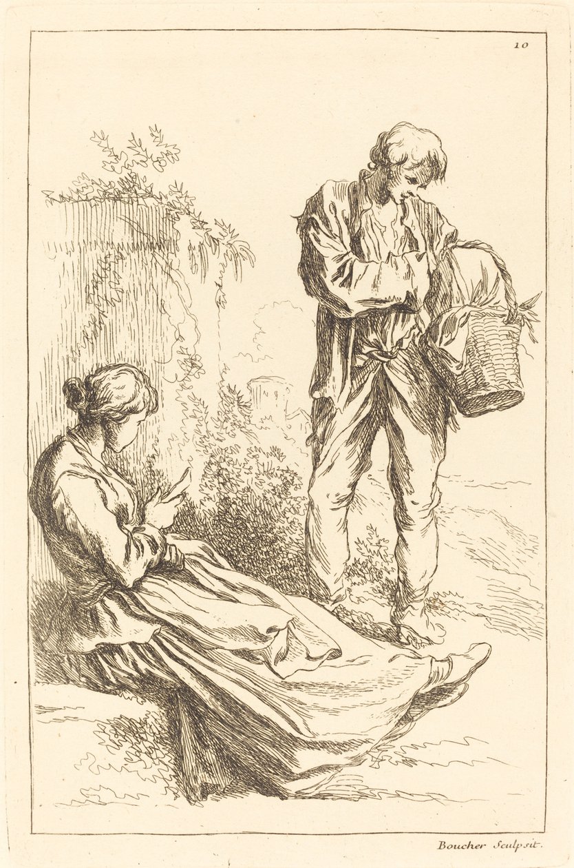 Istuva nainen talonpoikapojan kanssa pitelemässä koria tekijältä François Boucher after Abraham Bloemaert