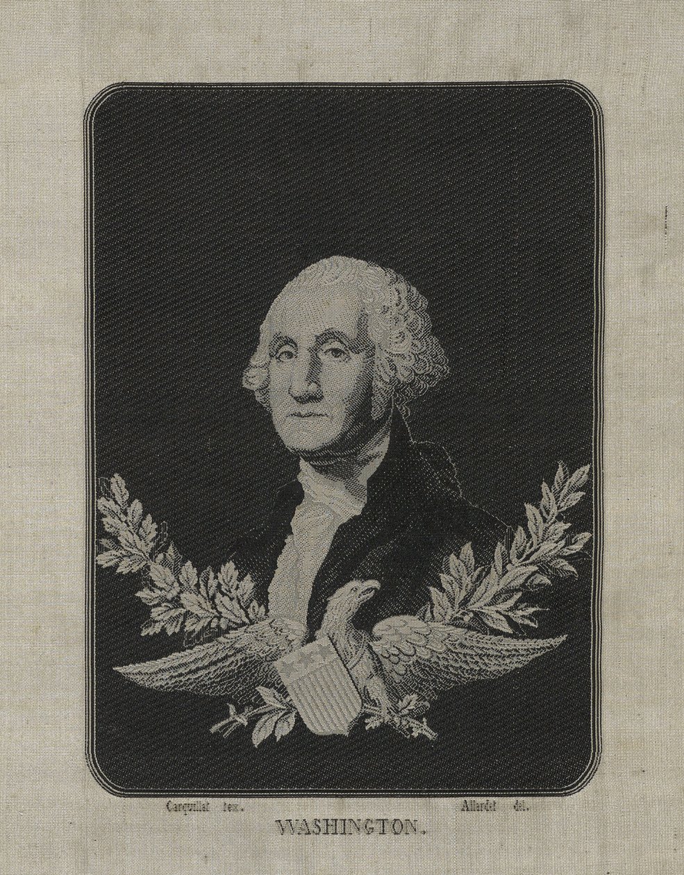 George Washington, n. 1876 (jacquard-kutomakoneella kudottu silkki paperimatolla kupariseosfoliokoristeella) tekijältä François Carquillat