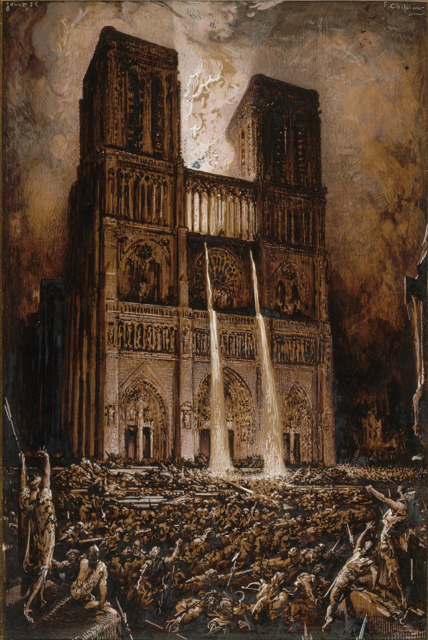 Hyökkäys Notre-Damea vastaan. Notre-Damen kypärä, Victor Hugo, noin 1877. tekijältä François Chifflart