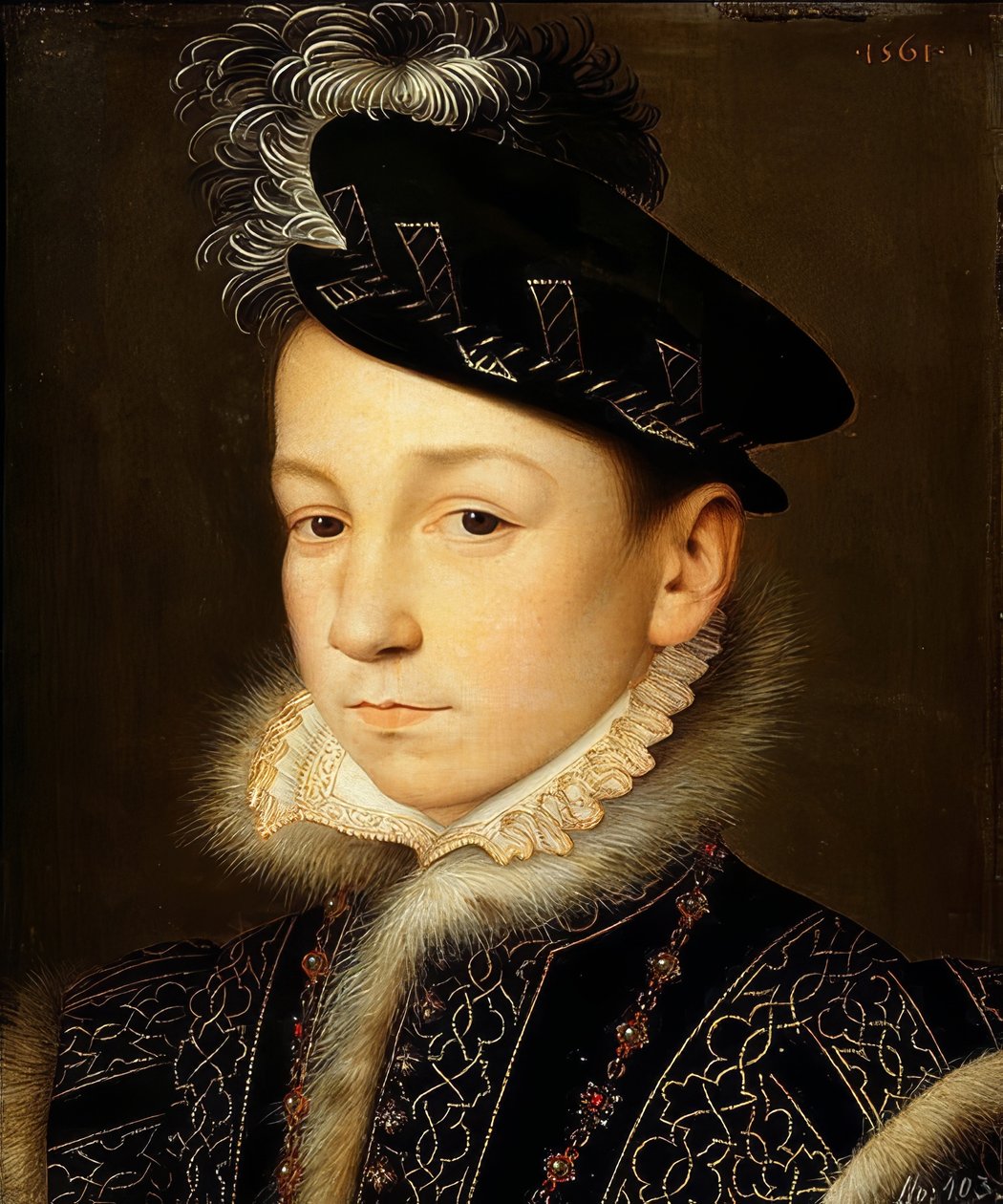 Kuningas Kaarle IX Ranskalainen (1550-1574), puolipitkä muotokuva. 1561 tekijältä François Clouet