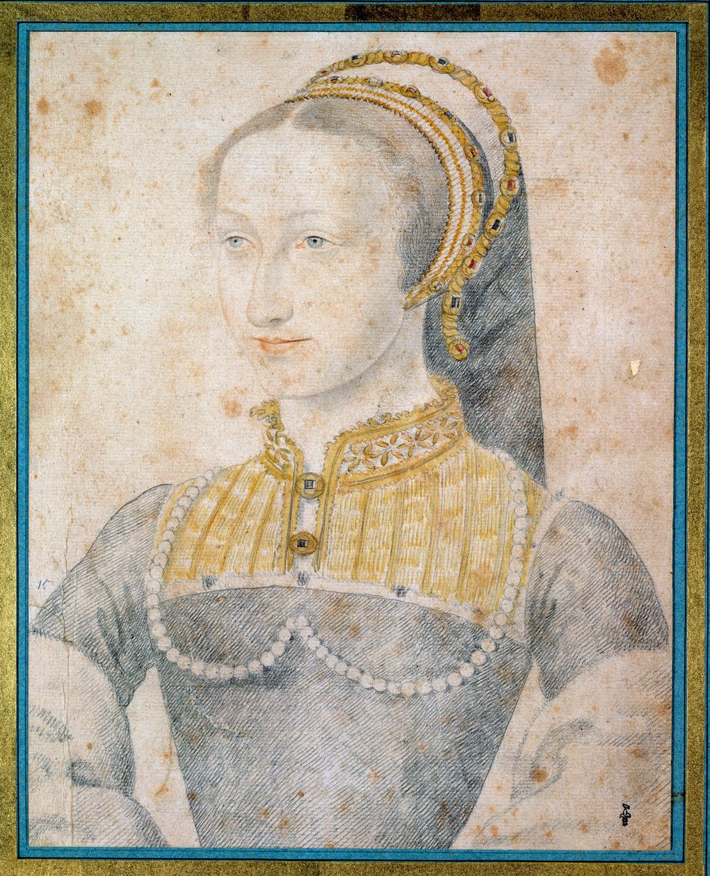 Muotokuva Joan of Albretista, Navarran kuningattaresta (1528 - 1572), Henrik IV:n äidistä. Francois Clouetin (1515-1572) piirustus mustalla kivellä ja verellä tekijältä François Clouet