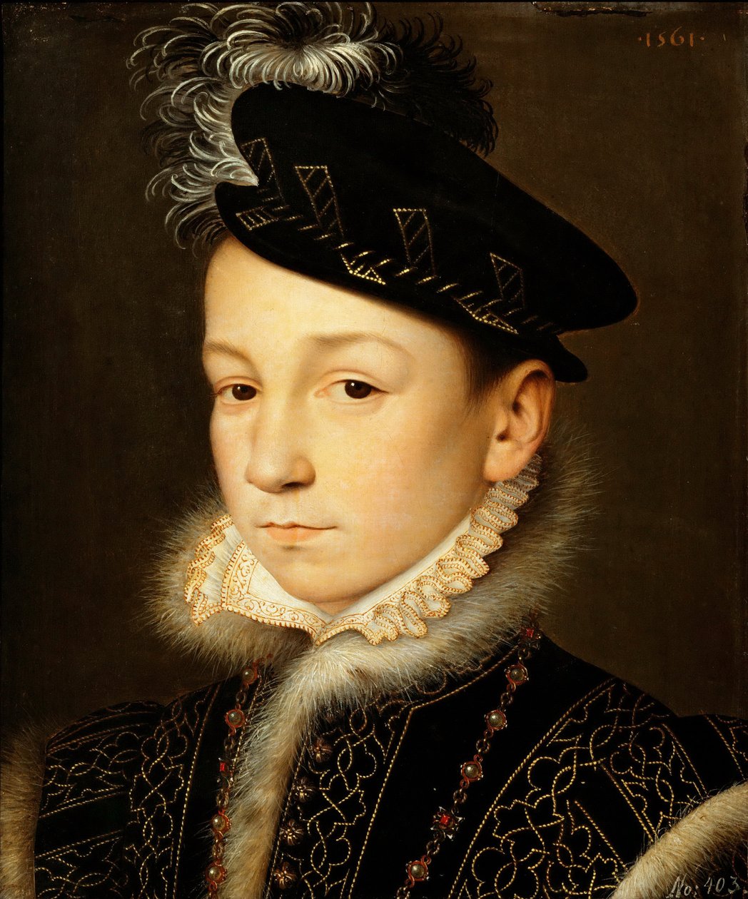 Ranskan kuninkaan Kaarle IX:n (1550-1574) muotokuva - Francois Clouet (1510-1572). Öljy puulle tekijältä François Clouet