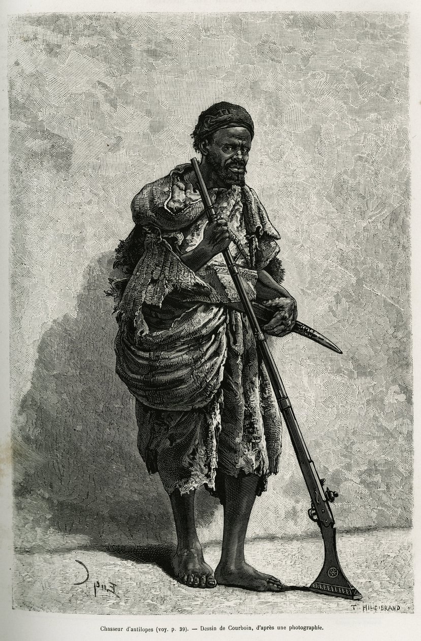 Antiloopin metsästäjä. Courboinin kaiverrus havainnollistamaan Algerian Saharaa, V. Largeau, vuosina 1874-1878, julkaistu Tour du mondessa, Edouard Chartonin (1807-1890) johdolla tekijältä François Courboin