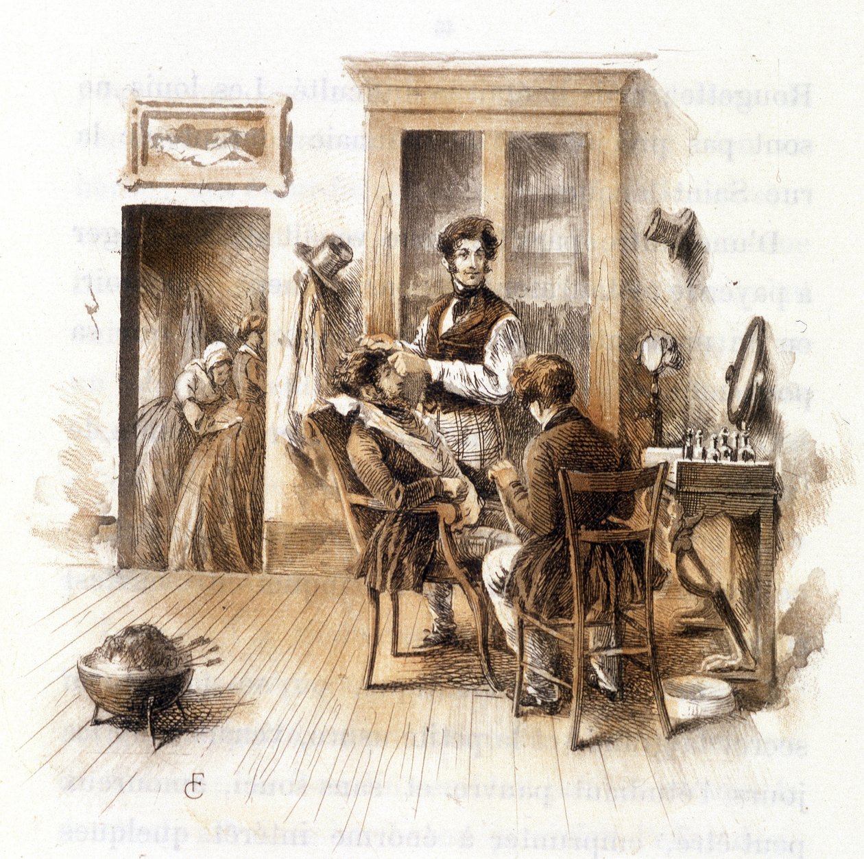 Parturi. Kuva "" Profile of grisette""""", joka kuuluu Alfred de Mussetin kokoelmaan "" Mimi de Pinson"" tekijältä François Courboin