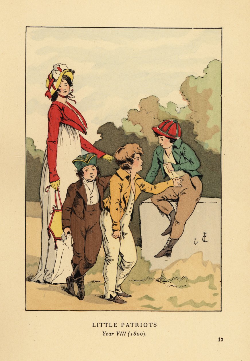 Pojat takkeissa ja ratsastushousuissa Merveilleusella roomalaisessa kaapussa konepellillä ja spencer-takilla. Little Patriots, vuosi VIII tekijältä François Courboin