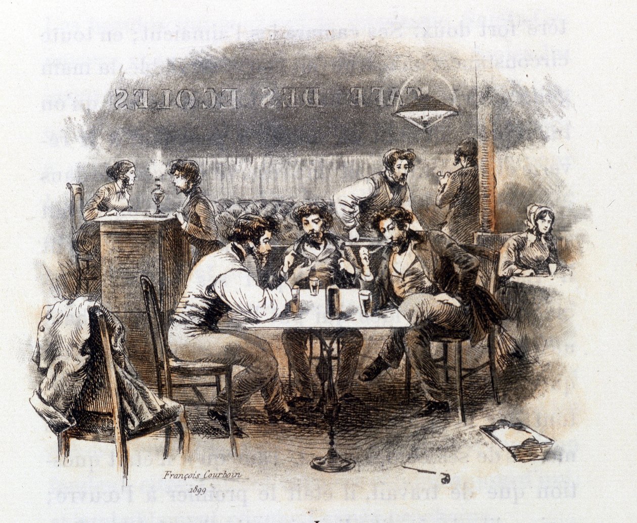 Opiskelijoiden välinen keskustelu pariisilaisessa kahvilassa. Kuva "" Profile of grisette""", joka kuuluu Receuil "" Mimi de Pinson" -yhtiölle Alfred de Musset tekijältä François Courboin