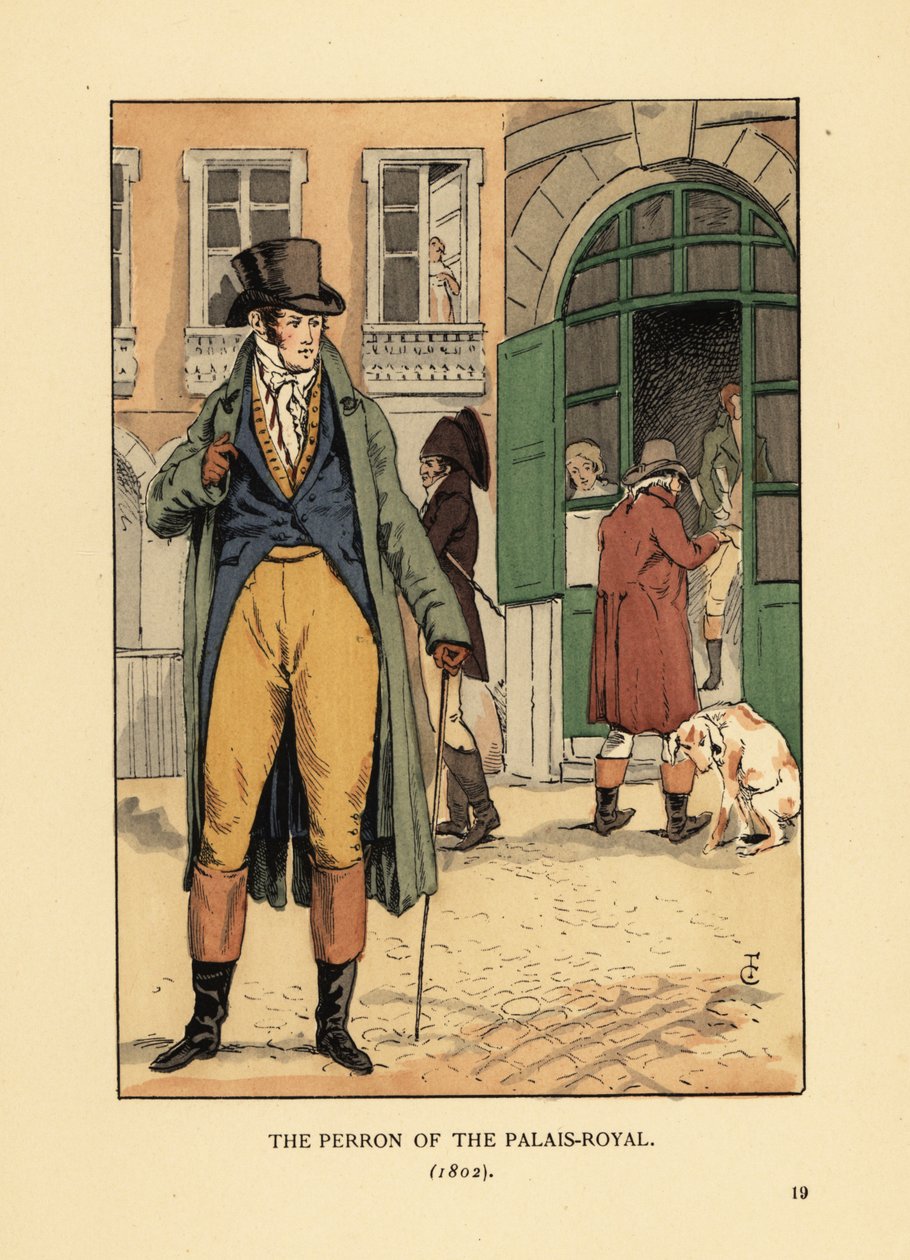 Muodikas herrasmies Passage du Perronin sisäänkäynnin edessä Palais Royalissa. Hän käyttää hattua, kravattia, takkia, liivihousut ja saappaat. Palais Royalin Perron, Pariisi tekijältä François Courboin