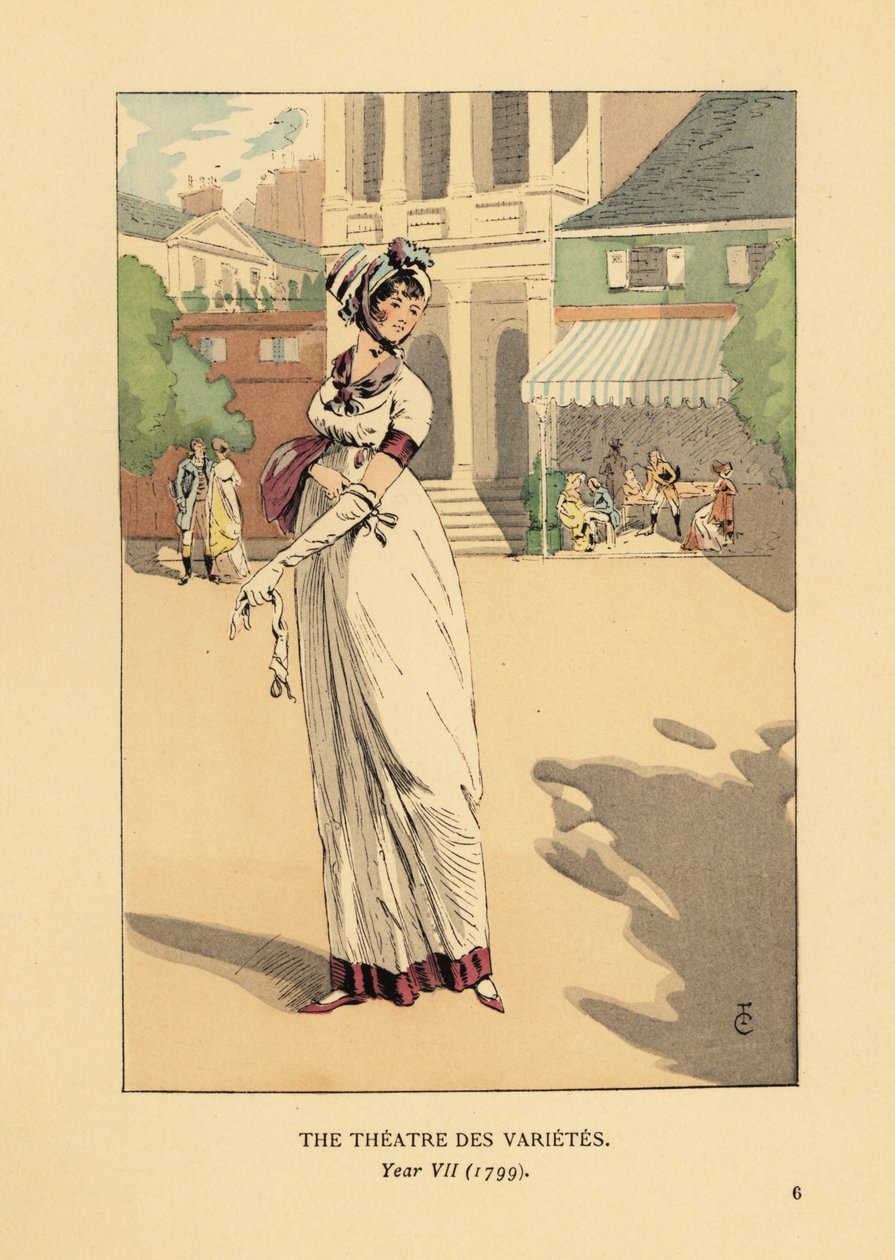 Muodikas nainen Theater des Varietesin edessä, Boulevard Montmartre, vuosi VII tekijältä François Courboin