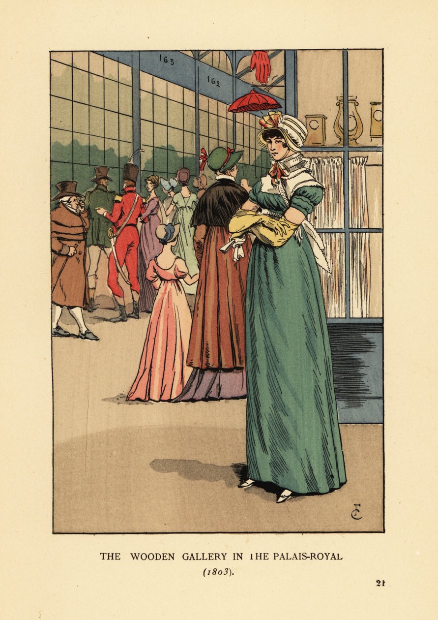 Muodikas nainen ostoksilla puisessa galleriassa Palais Royalissa, Pariisissa tekijältä François Courboin