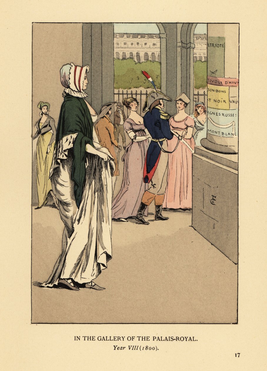 Muodikas nainen kävelee Palais Royalin galleriassa, Pariisi, vuosi VIII. tekijältä François Courboin