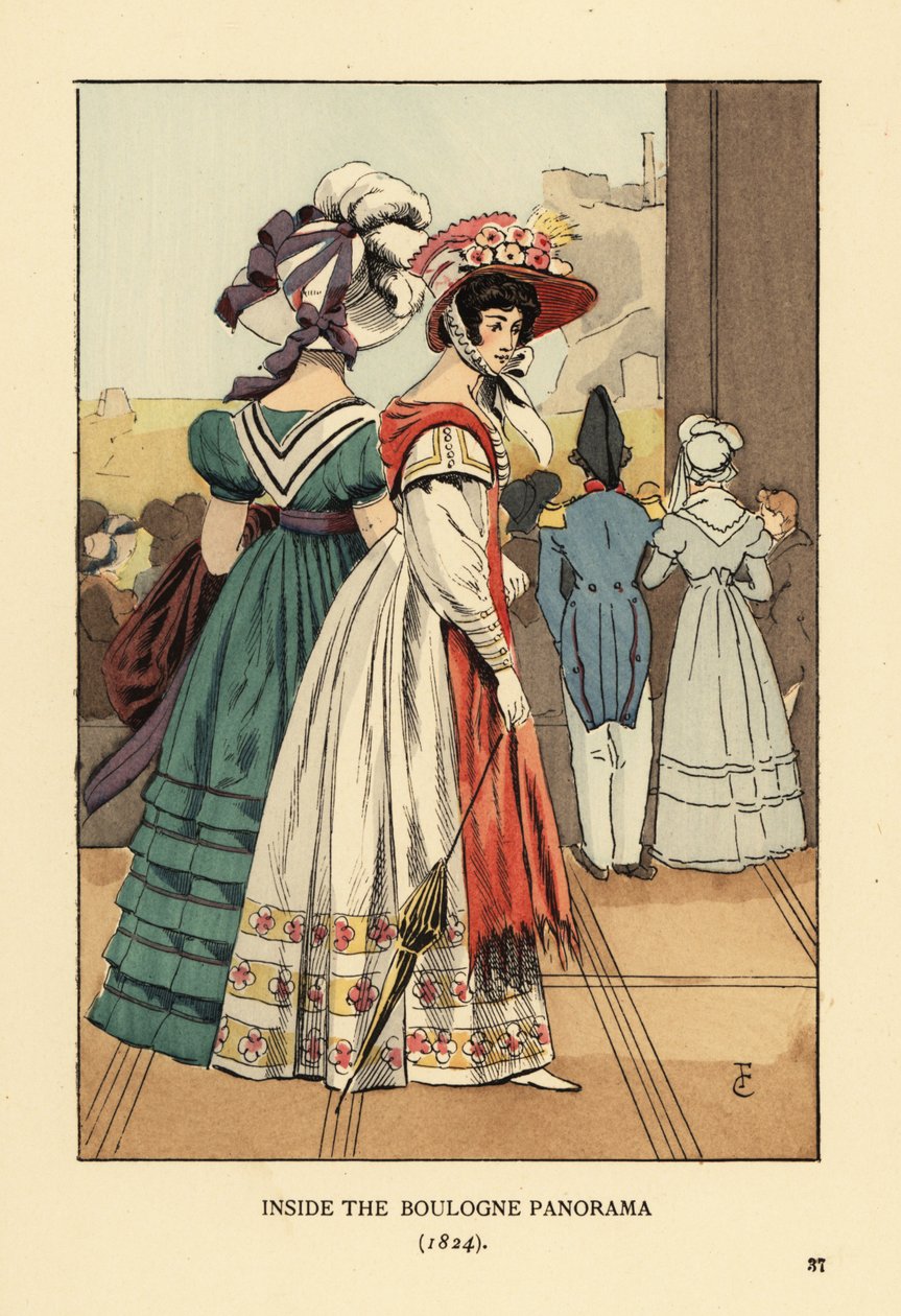 Naiset katselevat suurta kaupunkikuvaa Boulogne Panoraman sisällä, Boulevard Montmartre, Pariisi tekijältä François Courboin
