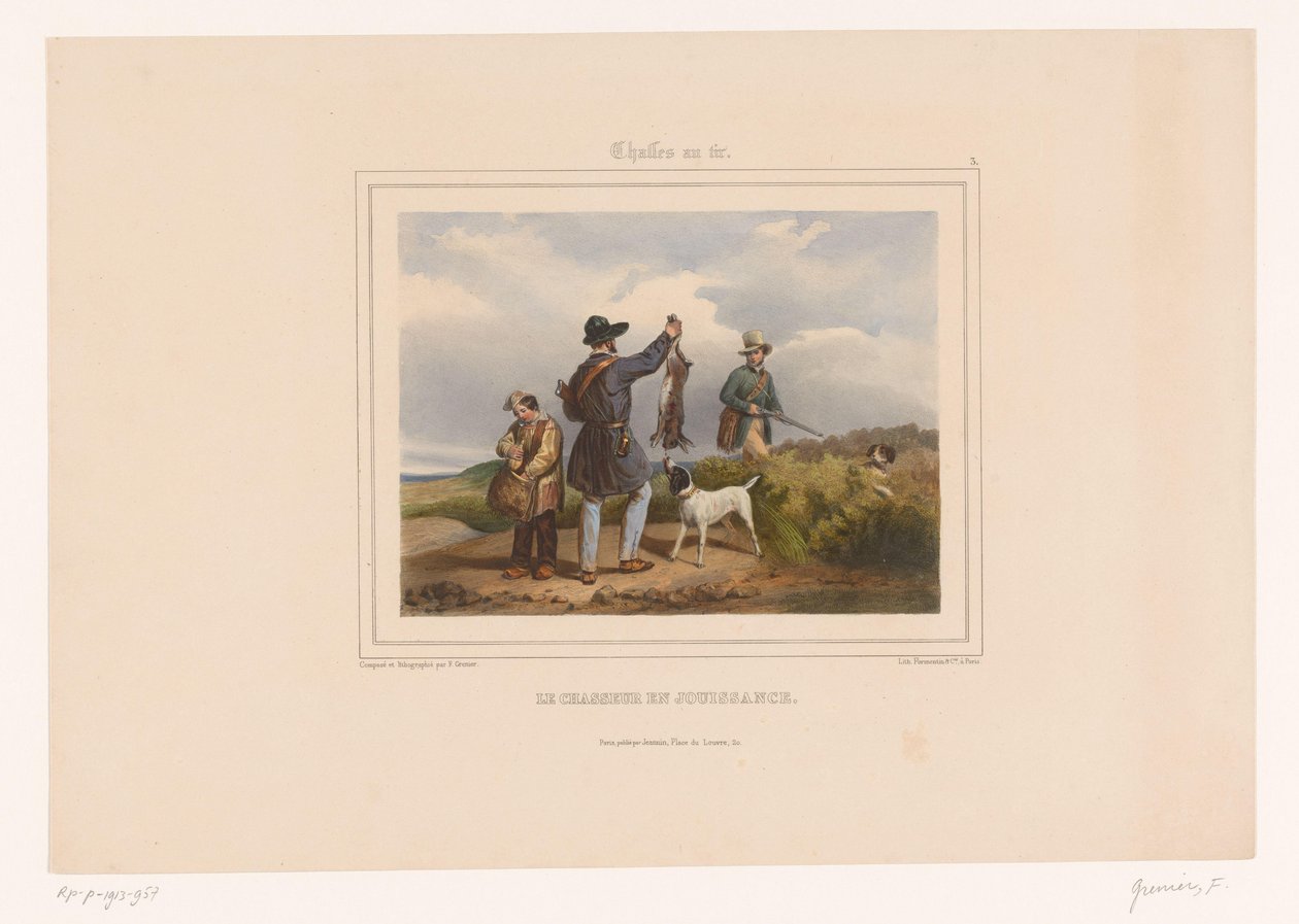 Hunter näyttää toiselle metsästäjälle ammutun jänisensä Le chasseur en jouissance (otsikko esineessä) Metsästäjät aseineen (sarjan nimi) Chasses au Tir (sarjan nimi esineellä) tekijältä François Grenier