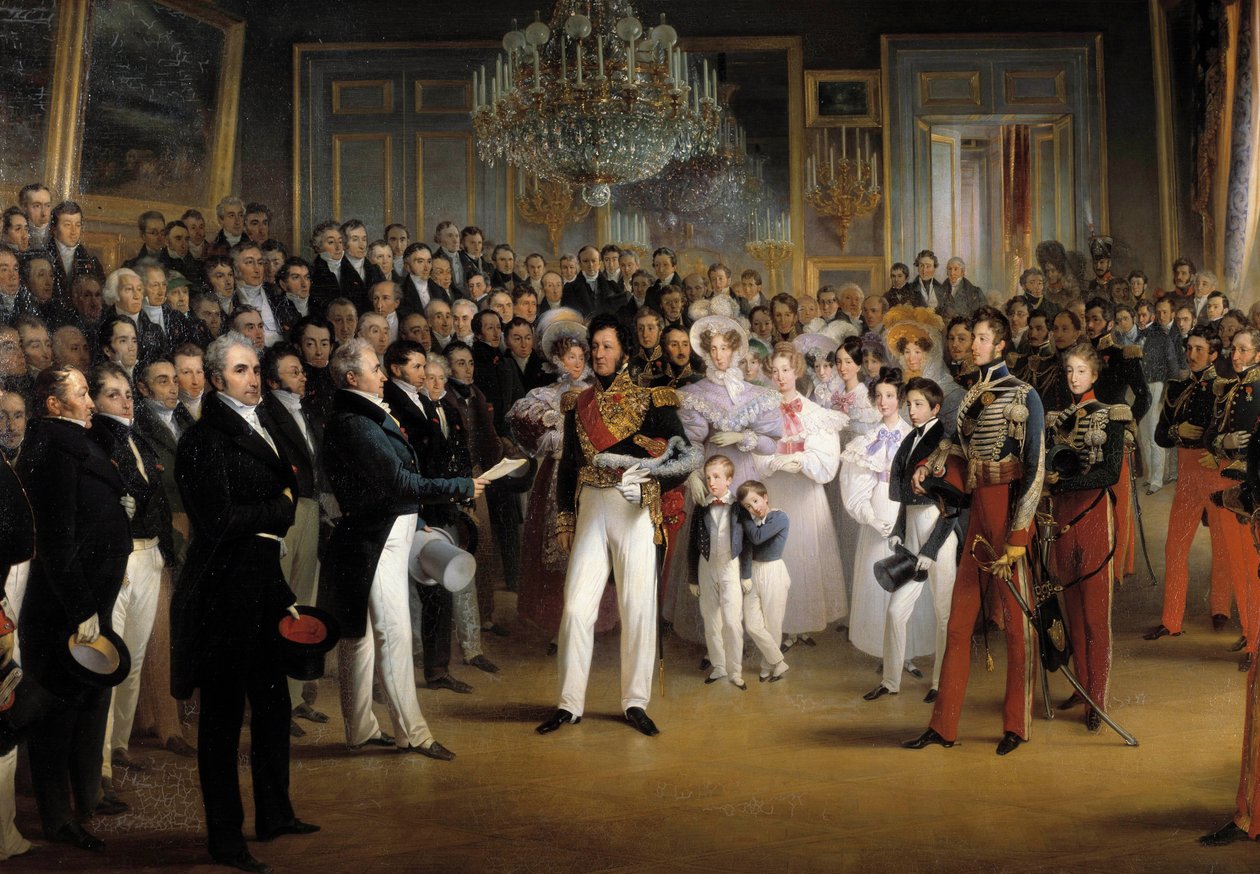 Vuoden 1830 vallankumous: "" Edustajainhuone esittelee Orleansin herttualle Louis Philippe I:lle (1773-1850) säädöksen, joka kutsuu hänet valtaistuimelle, ja vuoden 1830 peruskirjan kuninkaallisessa palatsissa 7.8. 1830"" Yksityiskohta. Francois Joseph Hei tekijältä François Joseph Heim
