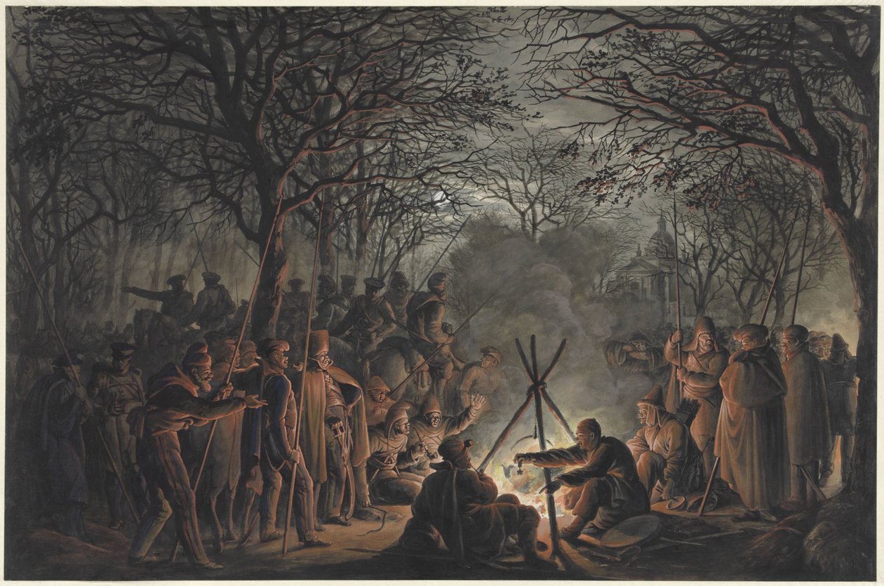 Kasakkojen leiri Muiderpoortin ulkopuolella Amsterdamissa, 1813 tekijältä François Joseph Pfeiffer (II)